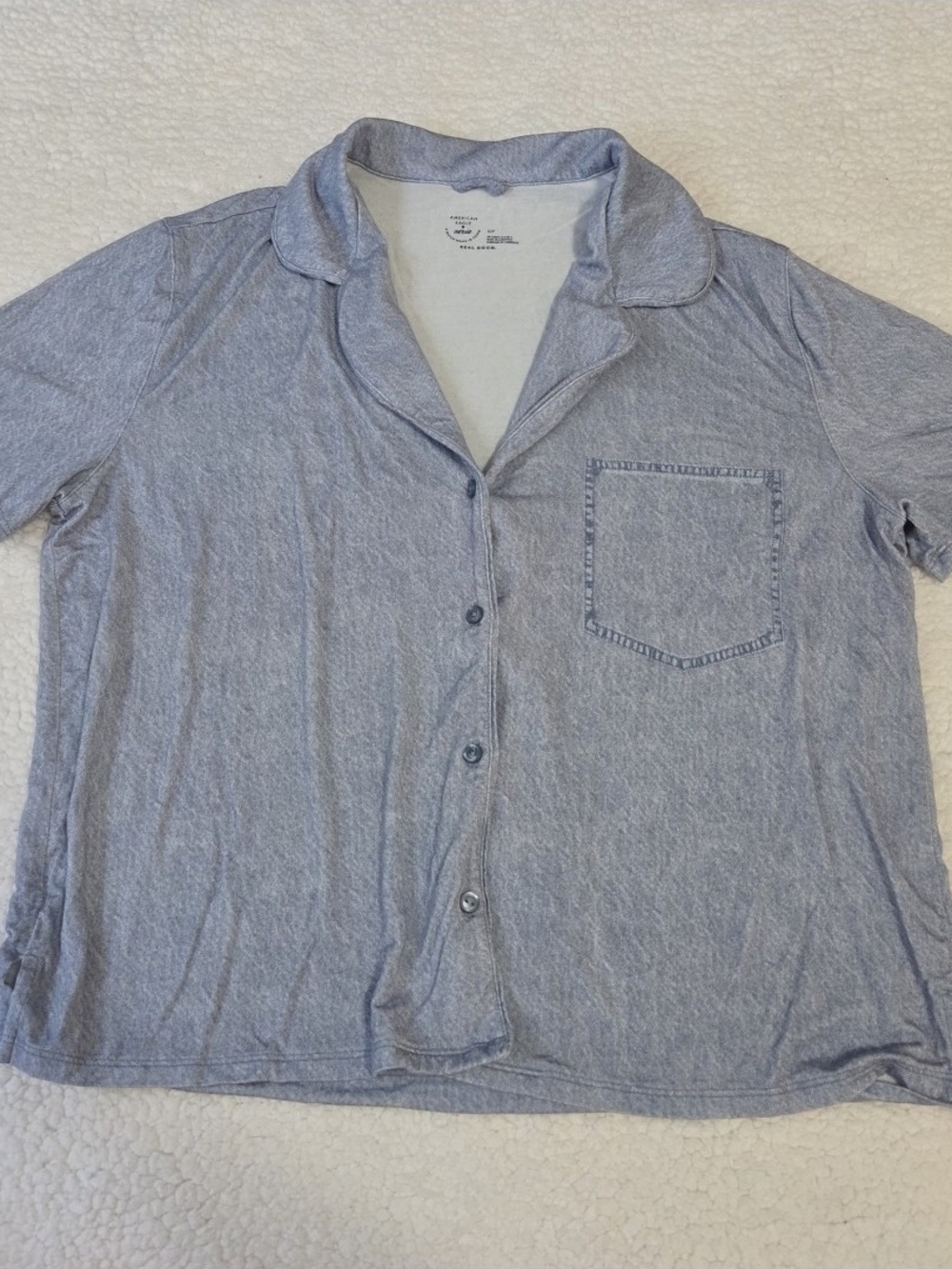 AE Aerie Button Up Shirt Flowy Pajama Top Soft Blue Denim  Chambray Pattern S